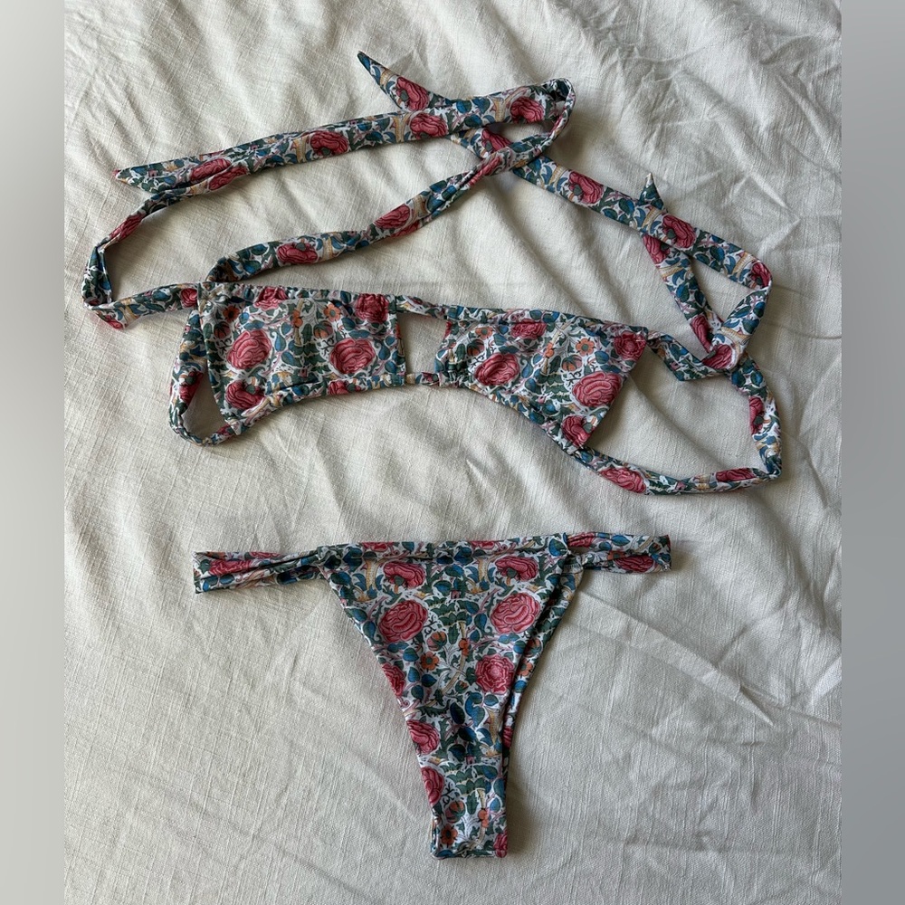 Strawberry Milk Mob Floral Bikini in Pink, Green, Cream